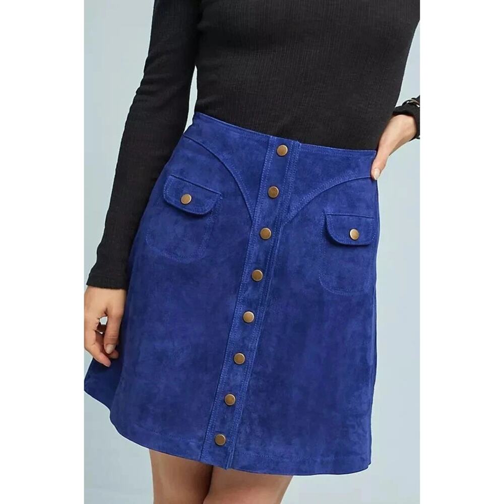 Anthropologie Cobalt Blue Suede Button-Front Mini Skirt